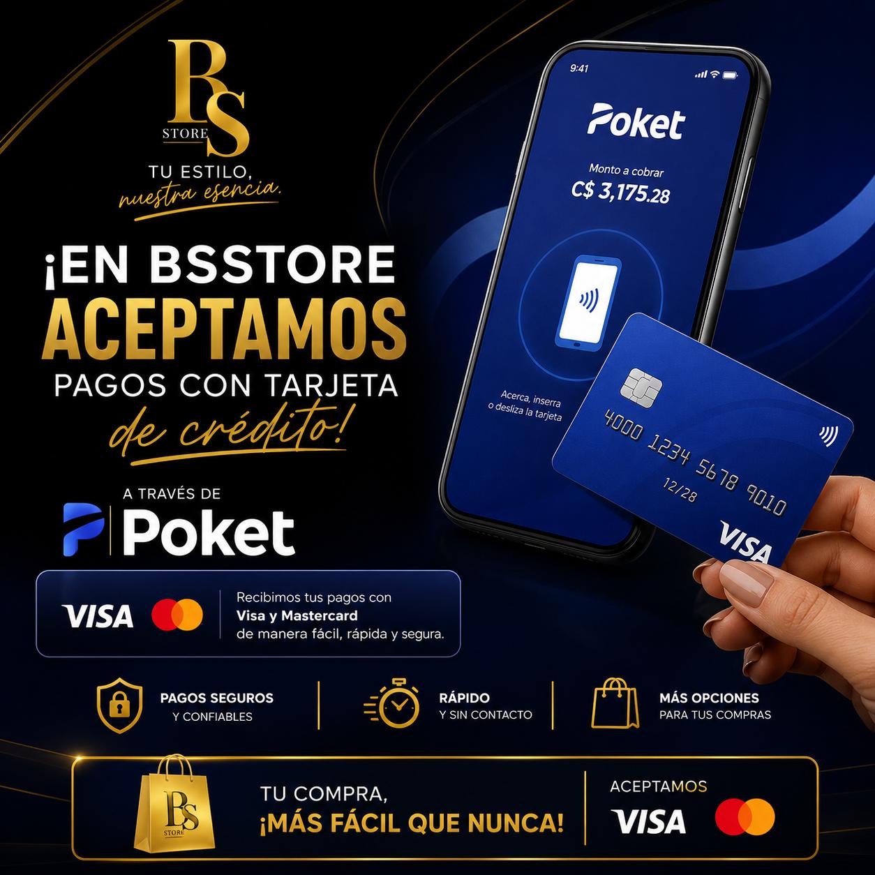 En BS Store aceptamos pagos con tarjeta de crédito a través de Poket — Visa y Mastercard